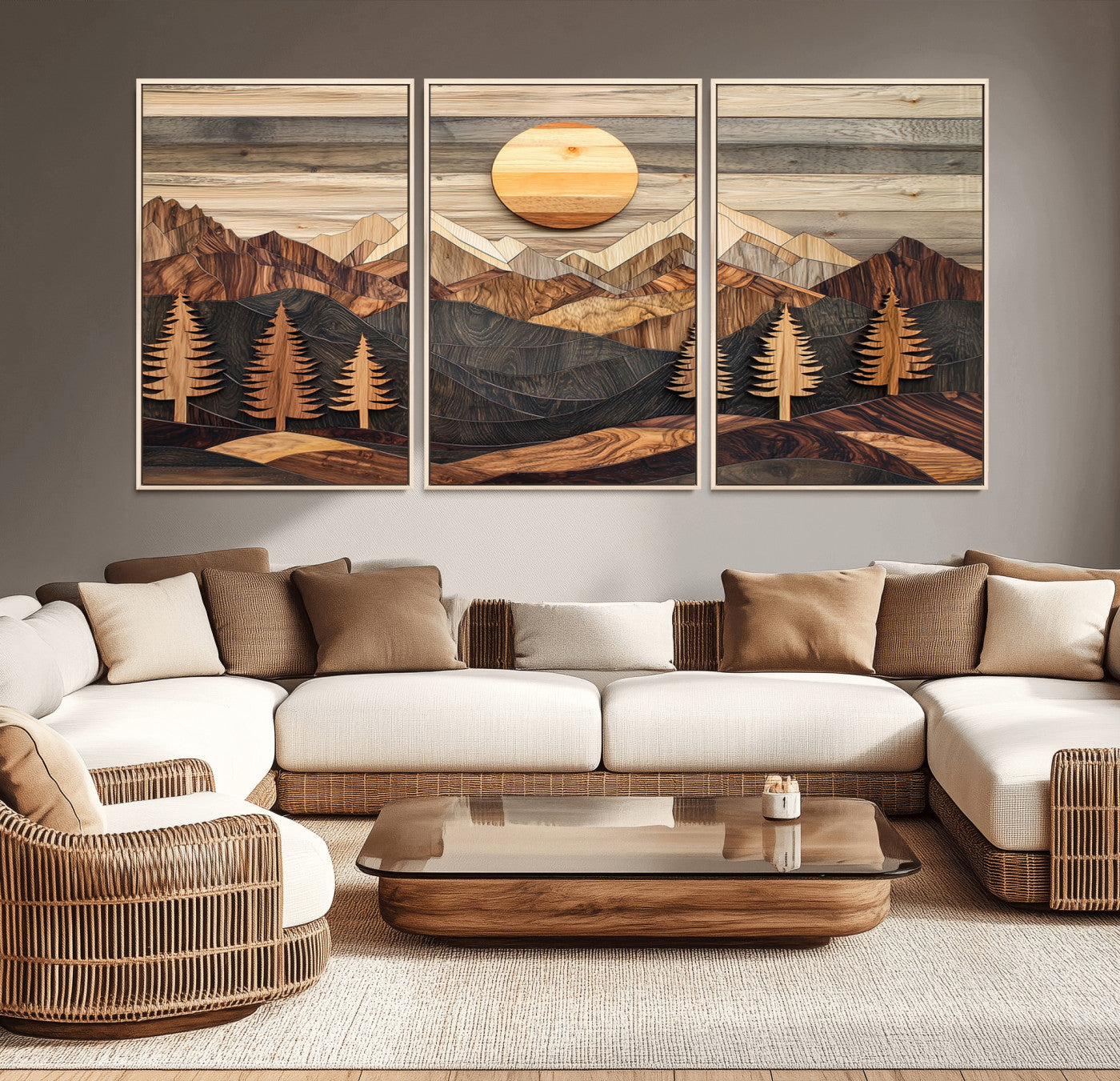 19832326-MGV-FC-60X30-3P - Wooden Mountain Landscape Layered Texture Geometric Shapes Sun Pine Trees Rustic Natural Tones Art