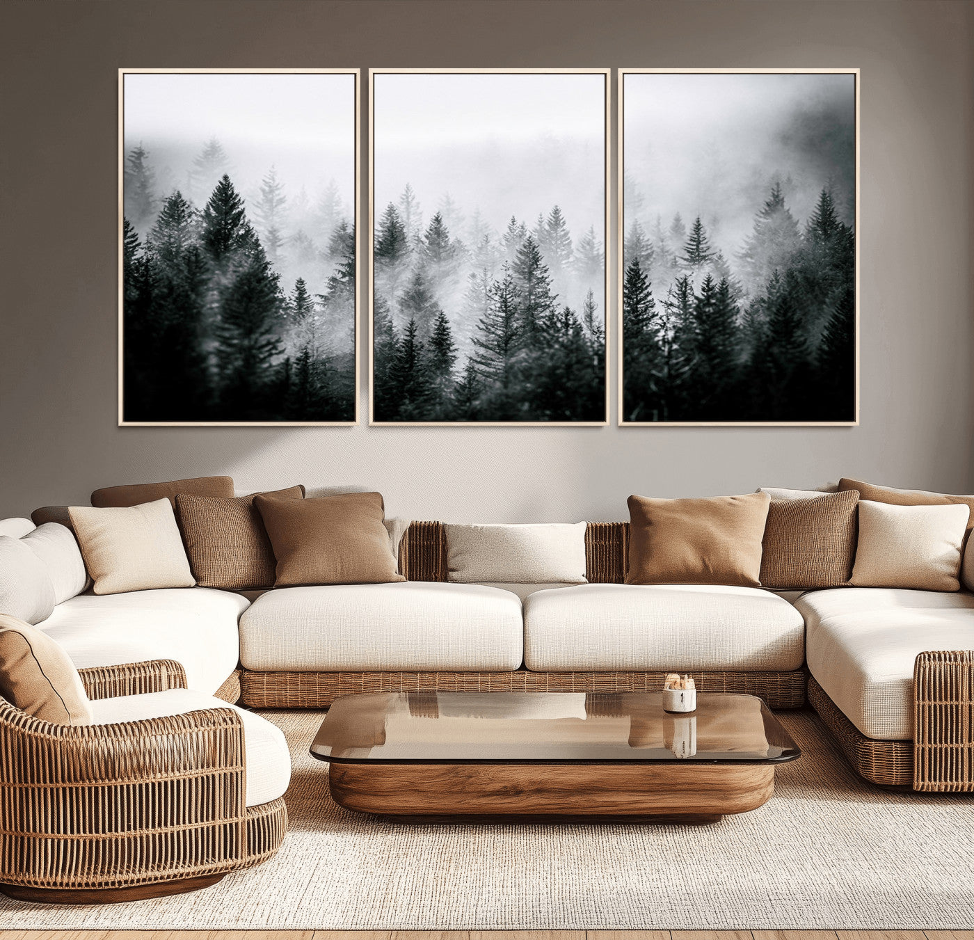 MGV-FC-60X30-3P - Foggy Pine Forest Canvas Wall Art – Black and White Nature Landscape Print, Horizontal Canvas for