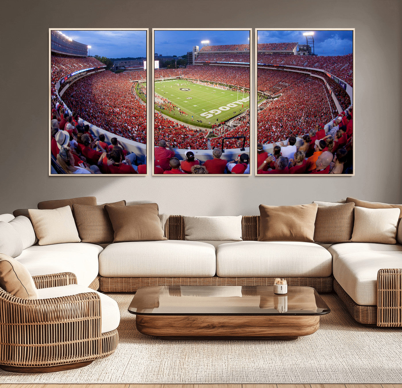10244378-MGV-CV-48X32-3P-Dooley Stadium Wall Art Print, Sports Arena Canvas Wall Art, Dooley Field at Sanford Stadium Canvas Print, Modern Athletic Field Art Printing