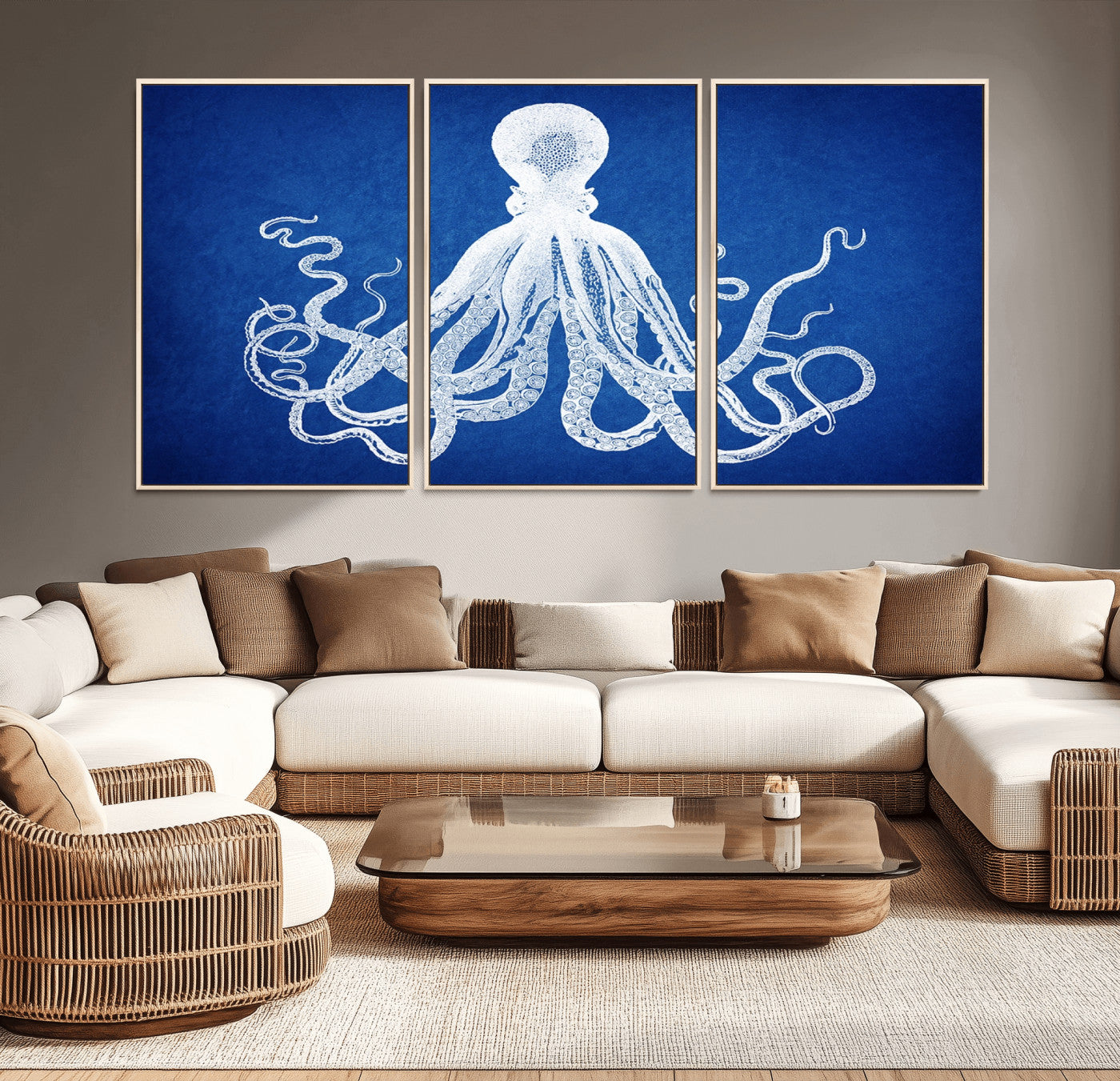 67315-MGV-CV-36X24-Large 3-Panel Blue Octopus Canvas Wall Art | Coastal Marine Life Artwork for Living Room, Bedroom,