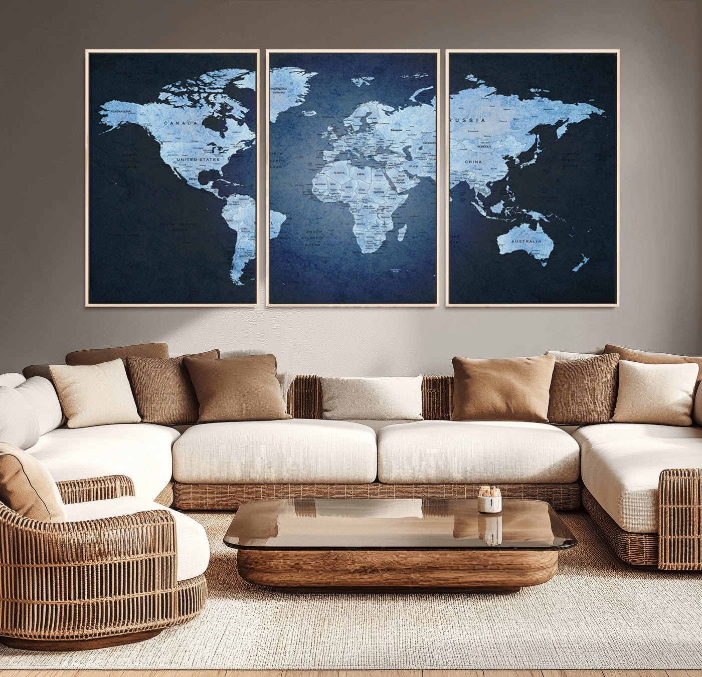 26249-MGV-CV-36X24-Blue World Map Canvas Wall Art – Framed Modern Push Pin Travel Map for Home and Office Decor, Elegant Navy Global Wall Artwork for Travelers