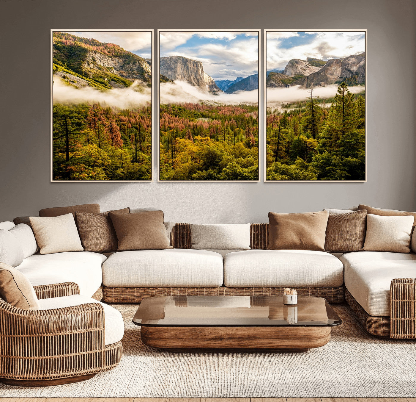 74645-MGV-FC-60X30-3P_Natural-Half Dome Yosemite Canvas Wall Art – Majestic Triptych Landscape Print – National Park Nature Decor