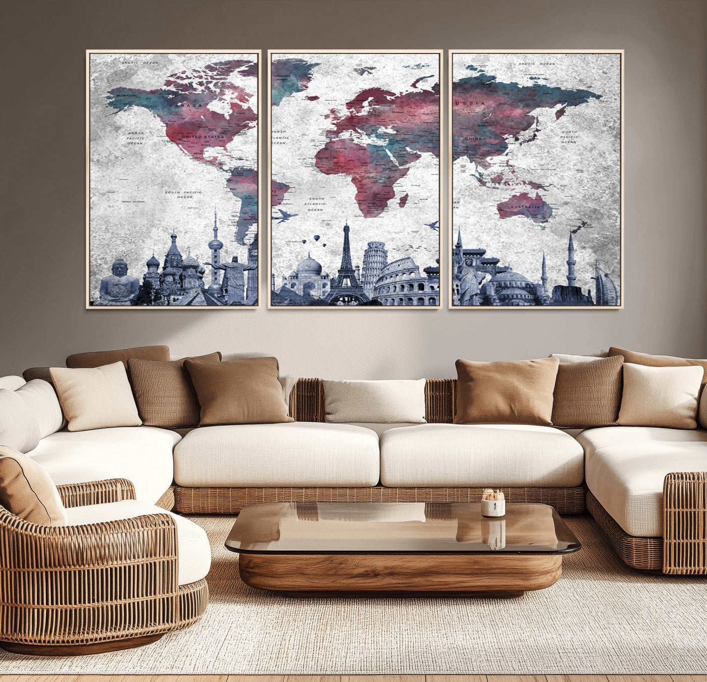 42515-MGV-CV-36X24-World Map Canvas Wall Art with Famous Landmarks – Framed Travel Map Print for Home and Office Decor, Perfect Gift for Travel Lovers