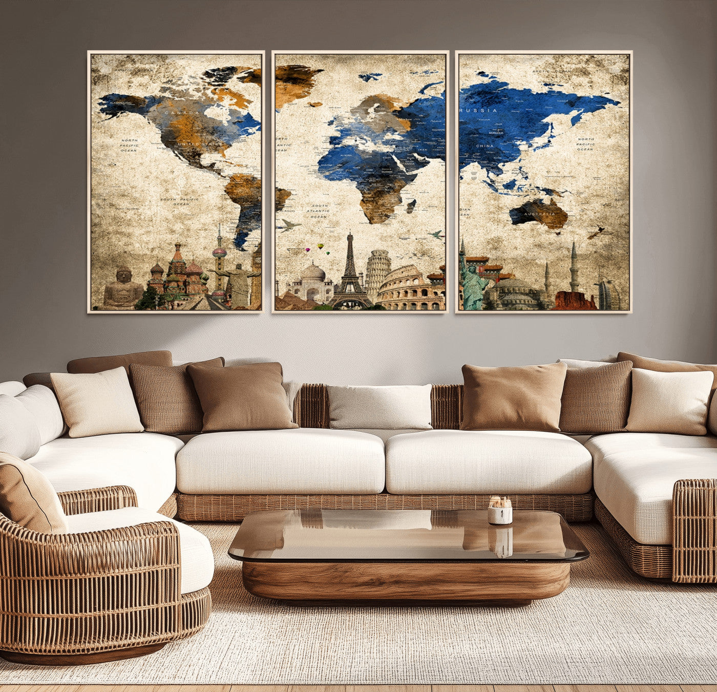 20261-MGV-CV-36X24-World Map Canvas Print – Vintage Blue and Gold World Map Wall Art, Framed Travel Inspired Decor for Living Room or Office