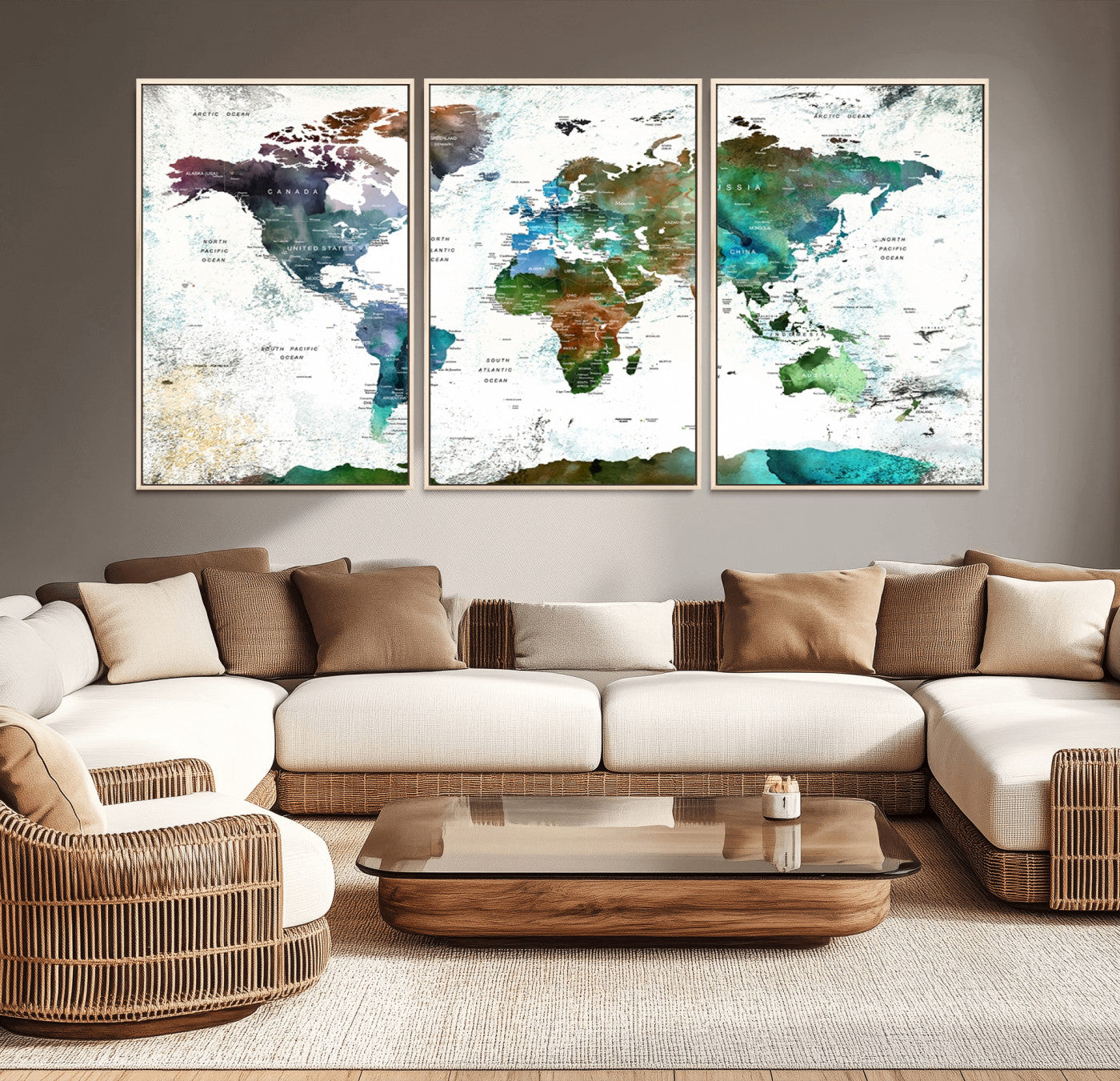 13140-MGV-CV-36X24-Modern Watercolor World Map Canvas Wall Art – Framed Abstract Map Print, Contemporary Travel Artwork for Elegant Home and Office Decor