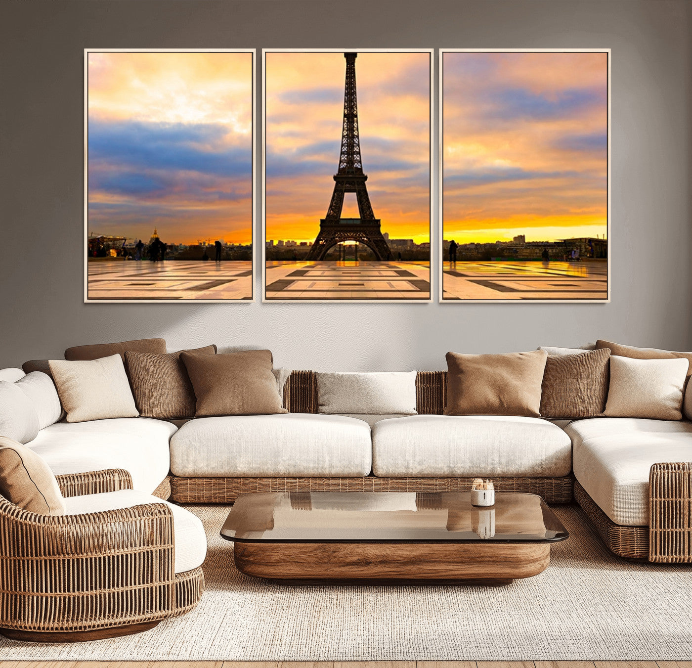 MGV-FC-60X30-3P - Paris Eiffel Tower Sunset Canvas Wall Art Print - Iconic Landmark Decor with Vibrant Colors