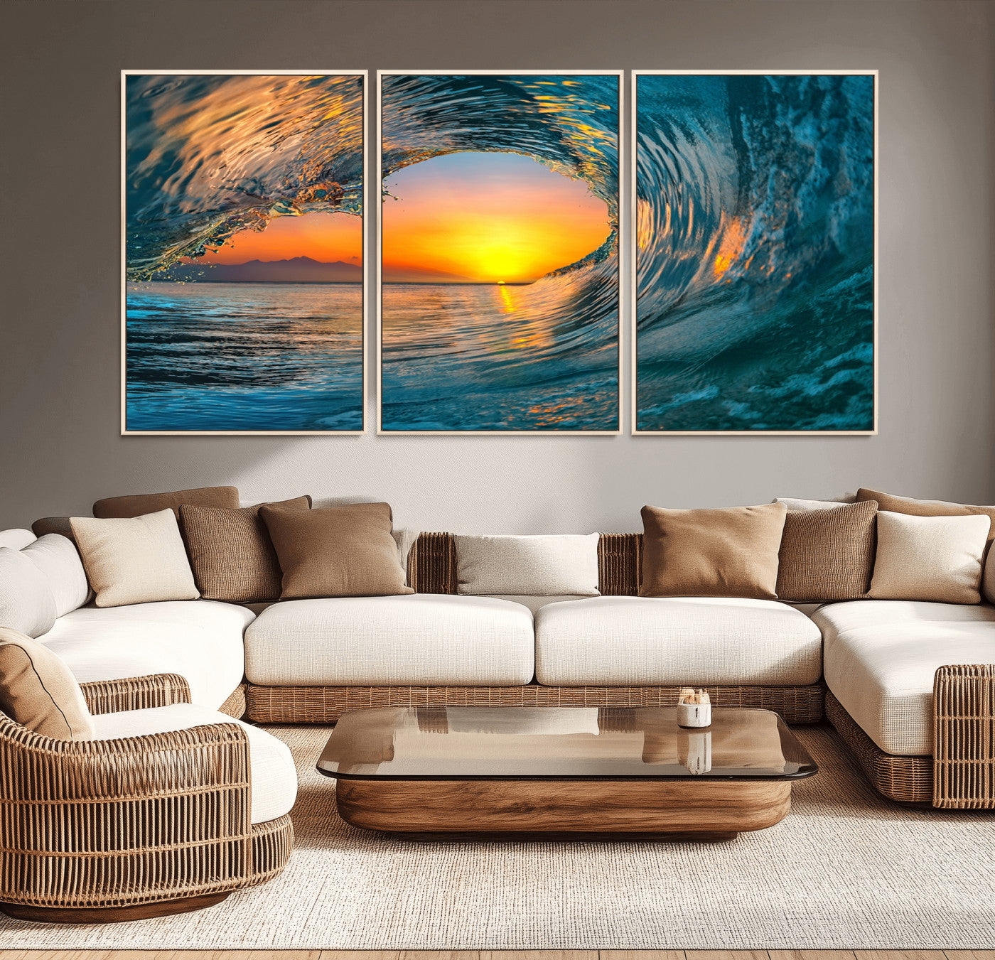MGV-FC-60X30-3P - Ocean Wave Sunset Wall Art | Large Coastal Wave Canvas Print | 3-Panel Ocean Sunset Seascape for