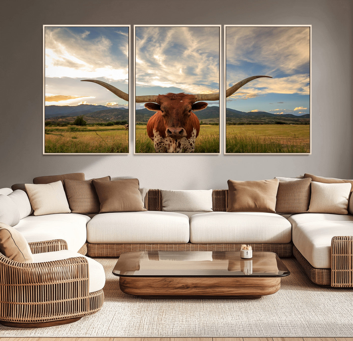 55416-MGV-CV-36X24-Texas Longhorn Canvas Wall Art – Majestic Triptych Animal Print – Rustic Western Decor for Living