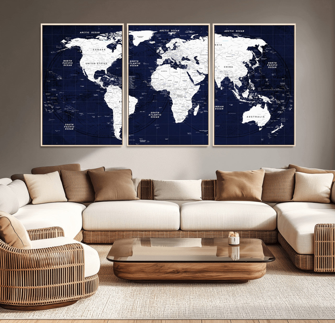 90649-MGV-CV-36X24-Navy Blue World Map Canvas Print – Modern Push Pin Travel Map Wall Art, Framed Contemporary Decor for Home or Office