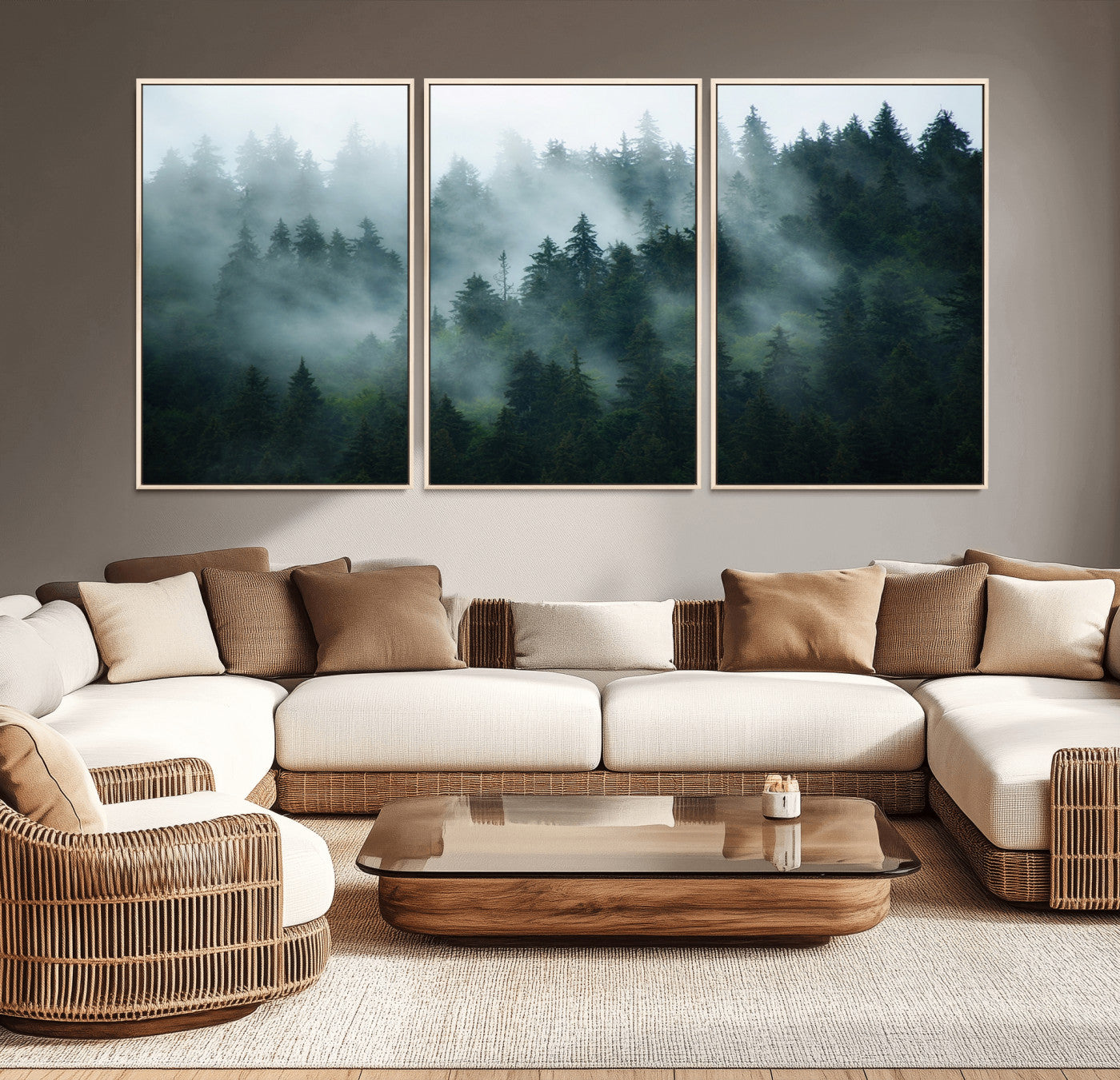 MGV-FC-60X30-3P - Foggy Forest 3-Panel Canvas Wall Art | Large Giclée Nature Scene Print for Living Room, Office, or