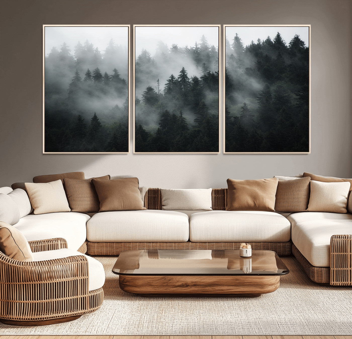 52359-MGV-FC-60X30-3P_Natural-Foggy Forest Wall Art Canvas Print | 3 Panel Large Misty Landscape for Dining Room, Office, or Living Room | Ready to Hang Nature Deco