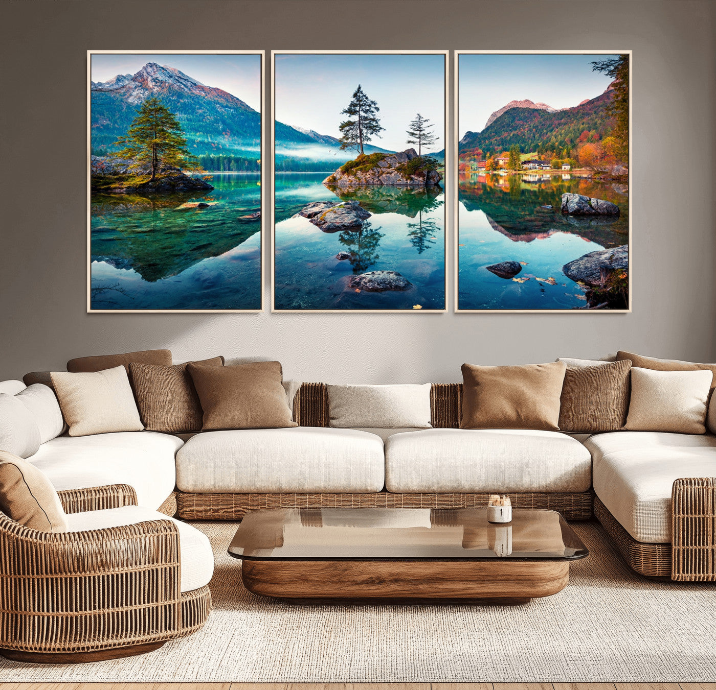 MGV-FC-60X30-3P - Crystal Clear Lake Wall Art | Mountains Wall Art Canvas | 3 Panel Large Landscape Print for Dining