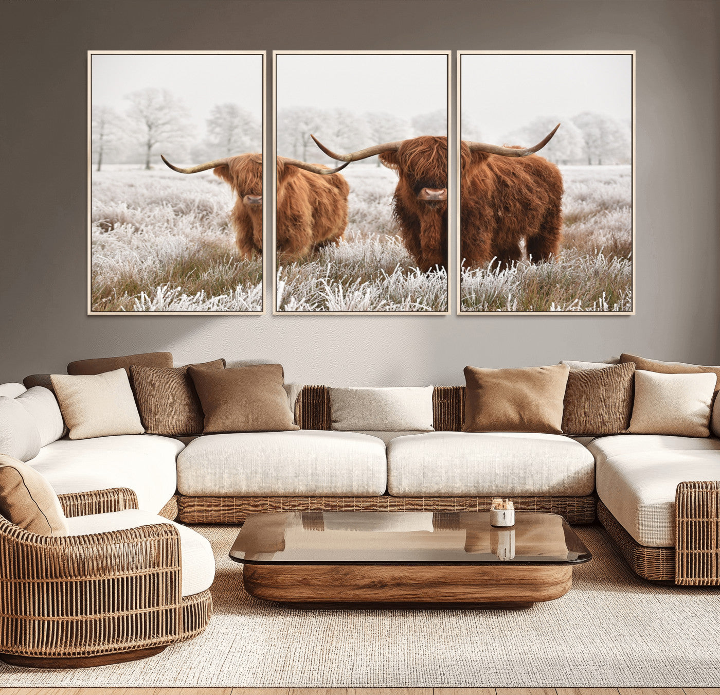 MGV-FC-60X30-3P - Longhorn Cattle Wall Art Canvas Print, Framed Farmhouse Style Art Picture Print, Rustic Cow Perfect Rustic Farmhouse Decor Artwork