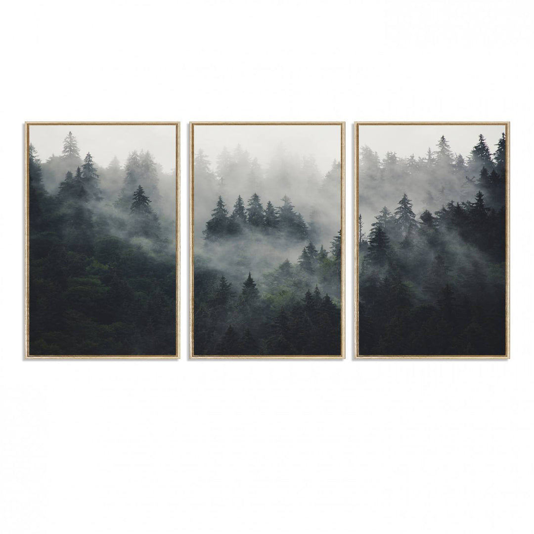 The Serene Triptych Print features tall evergreens, creating a mysterious and calming atmosphere.