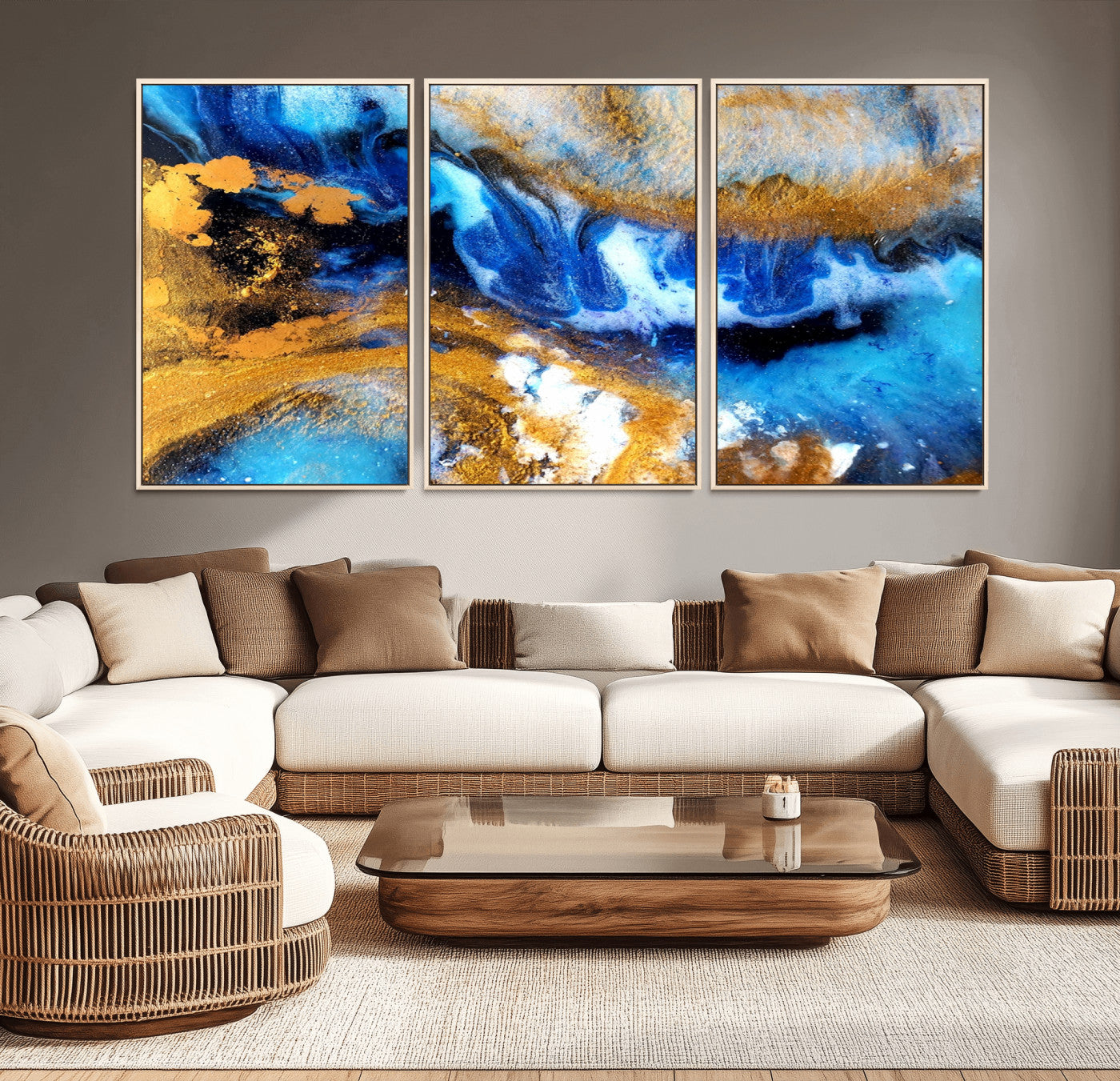 42100-MGV-CV-36X24-Blue Orange Marble Fluid Effect Canvas Wall Art Print
