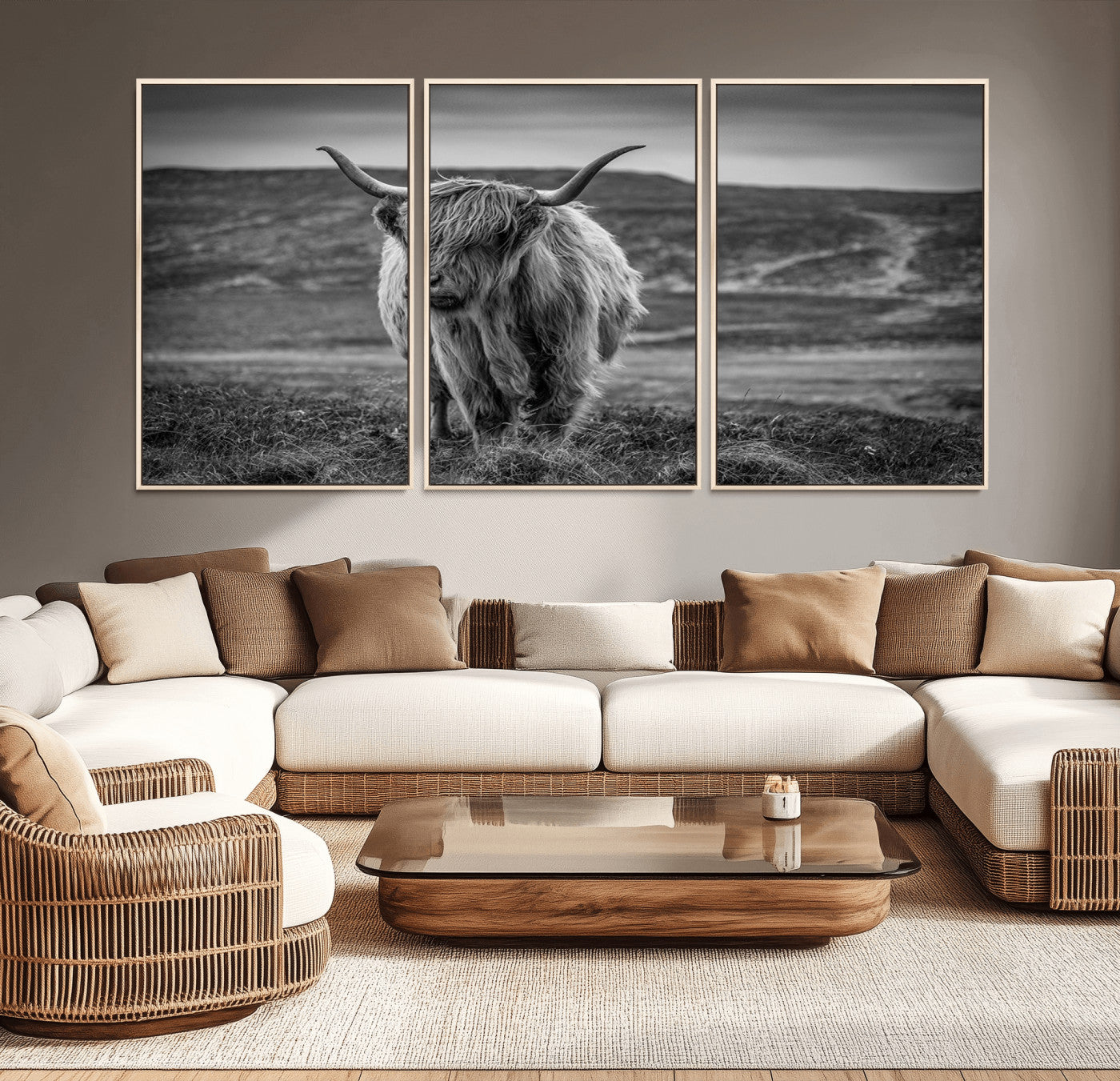 42995-MGV-CV-36X24-Fluffy Cattle Wall Art Print, Highland Cow Canvas, Framed Black and white Wall Art