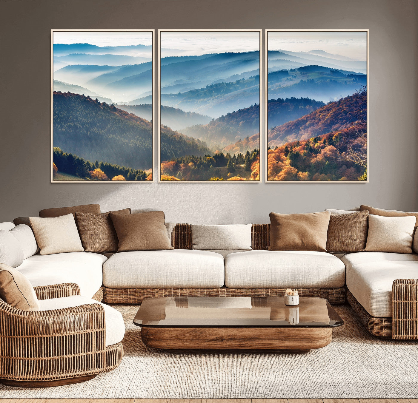 23293-MGV-CV-36X24-Misty Mountain Sunrise Triptych Canvas Print – Autumn Landscape Wall Art – Scenic Nature Decor – Ready to Hang