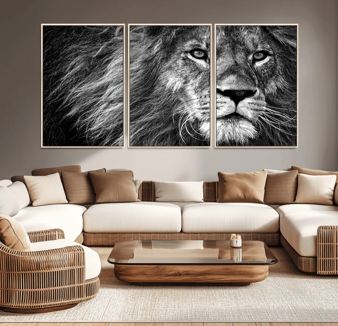 MGV-FC-60X30-3P - Black and White Lion Canvas Wall Art Print