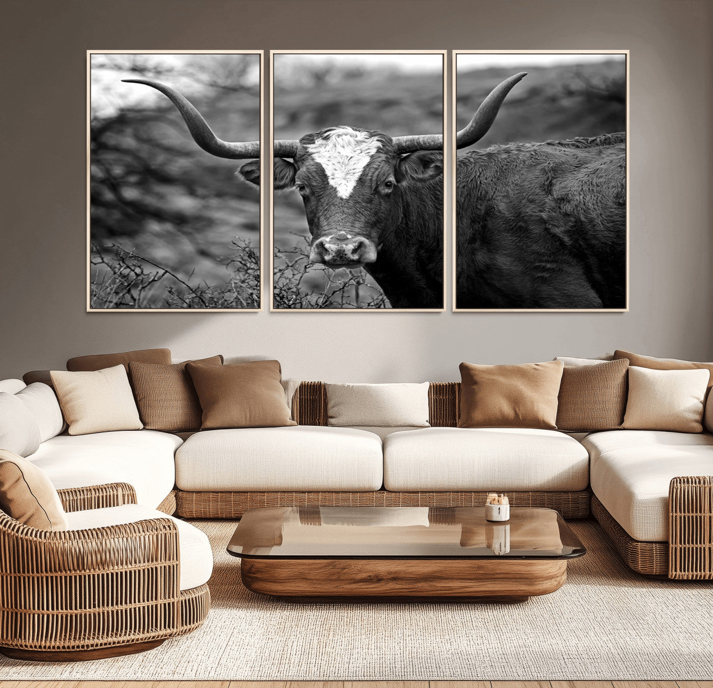MGV-FC-60X30-3P - Western Home Wall Art Canvas Print, Framed Texas Longhorn Art Picture Print, Rustic Cow Perfect Rustic Farmhouse Decor Artwork