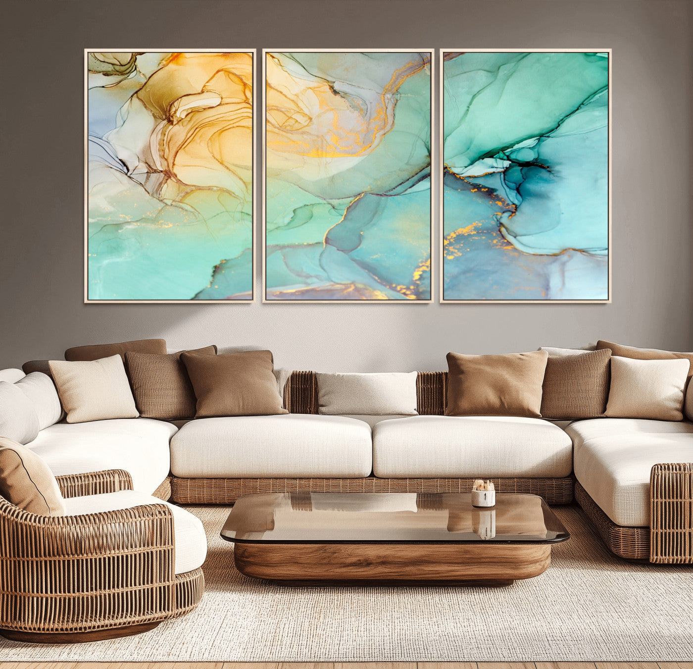 84233-MGV-CV-36X24-Abstract Aqua and Gold Fluid Wall Art Canvas | 3 Panel Large Canvas Print for Living Room, Office, or Modern Space | Elegant Contemporary