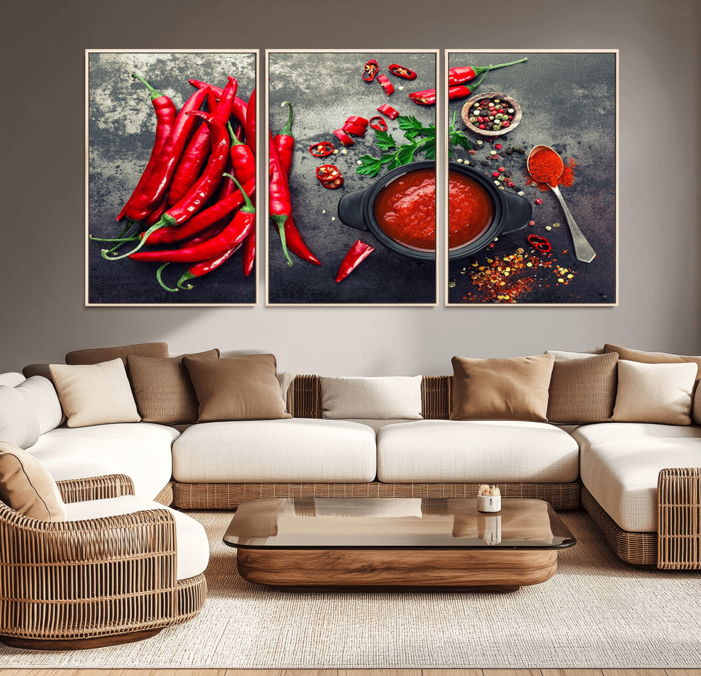 10860-MGV-FC-60X30-3P_Natural-Red Chili Peppers Wall Art Kitchen Artwork Canvas Print