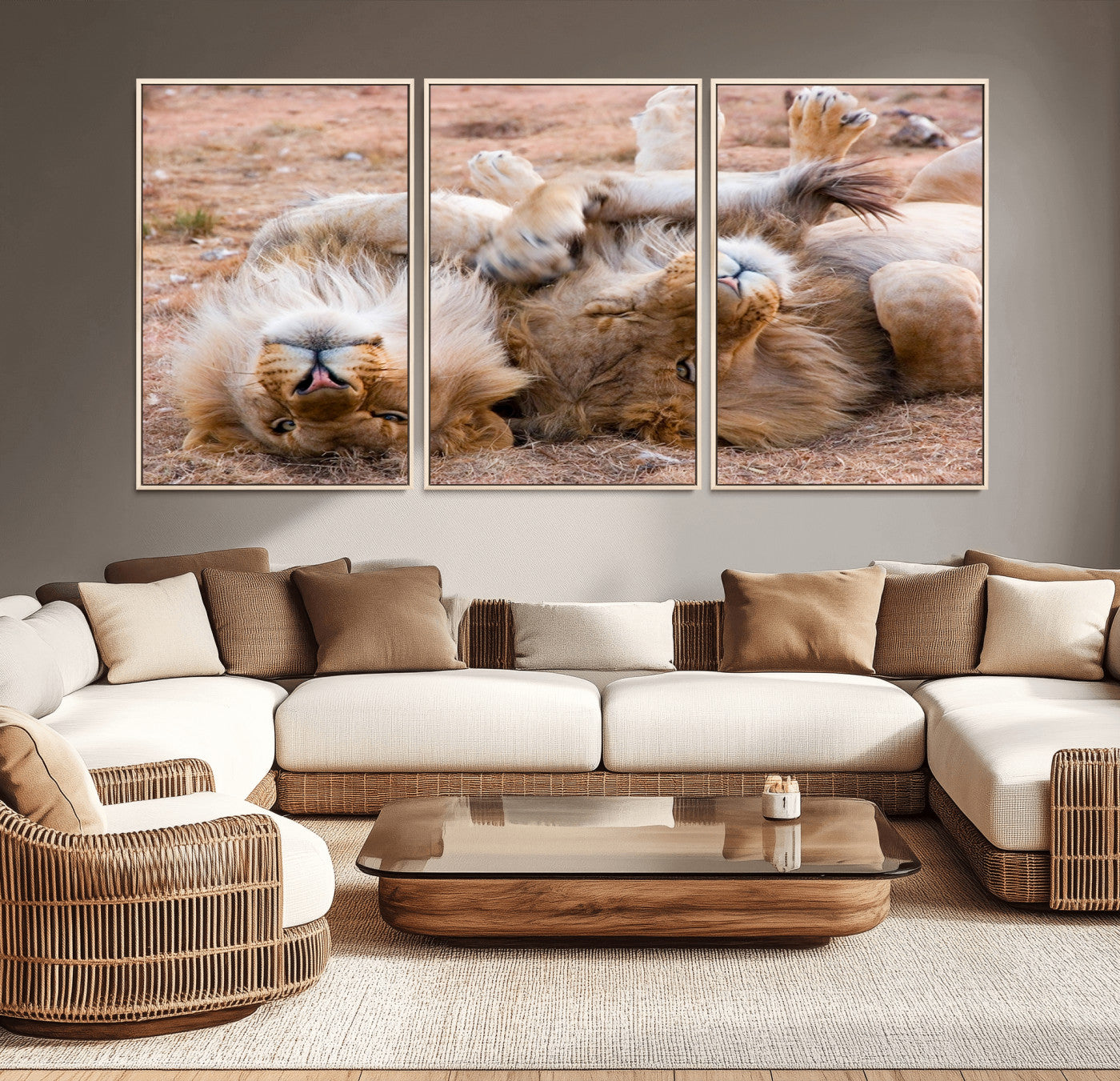 62598-MGV-CV-36X24-Lion Pair Wall Art Canvas Print – Framed Wildlife Scene with Playful Lions Artwork for Home, Office, Living Room