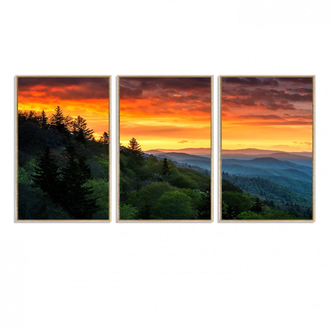 The Great Smoky Mountains Sunset Wall Art, a 3-panel print, beautifully captures natures beauty and is perfect for living room or office decor.