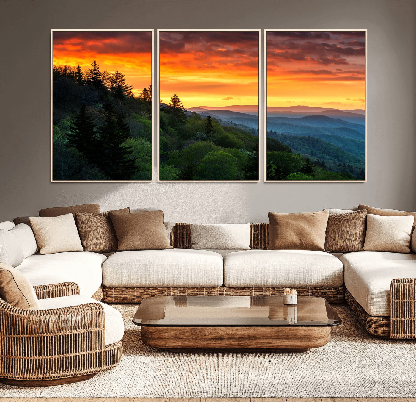 28501-MGV-CV-36X24-Great Smoky Mountains Sunset Wall Art Canvas Print | 3 Panel Large Nature Landscape Photography for