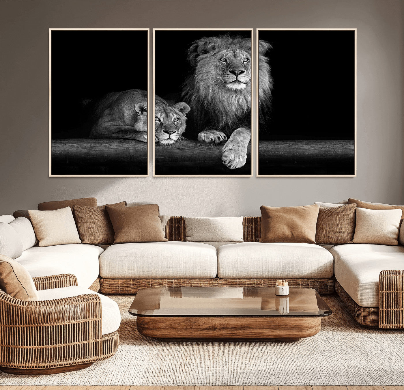 MGV-FC-60X30-3P - Large Black and White Lion Couple Wall Art Canvas Print