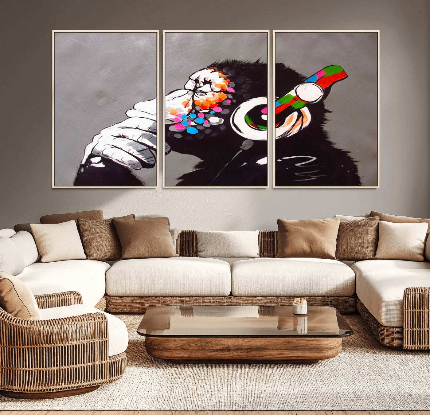 -Dj Monkey Listening to Music Wall Art Print | Banksy Monkey Large Canvas Print for Living Room,