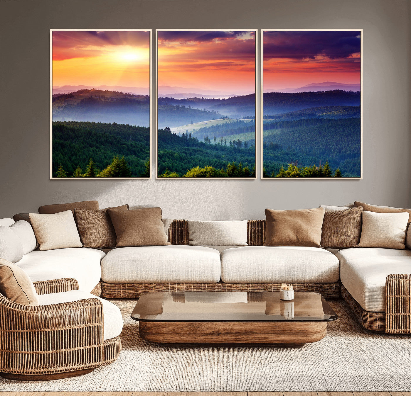86411-MGV-CV-36X24-Beautiful Sunset over Hills Forest Landscape Canvas Wall Art Print