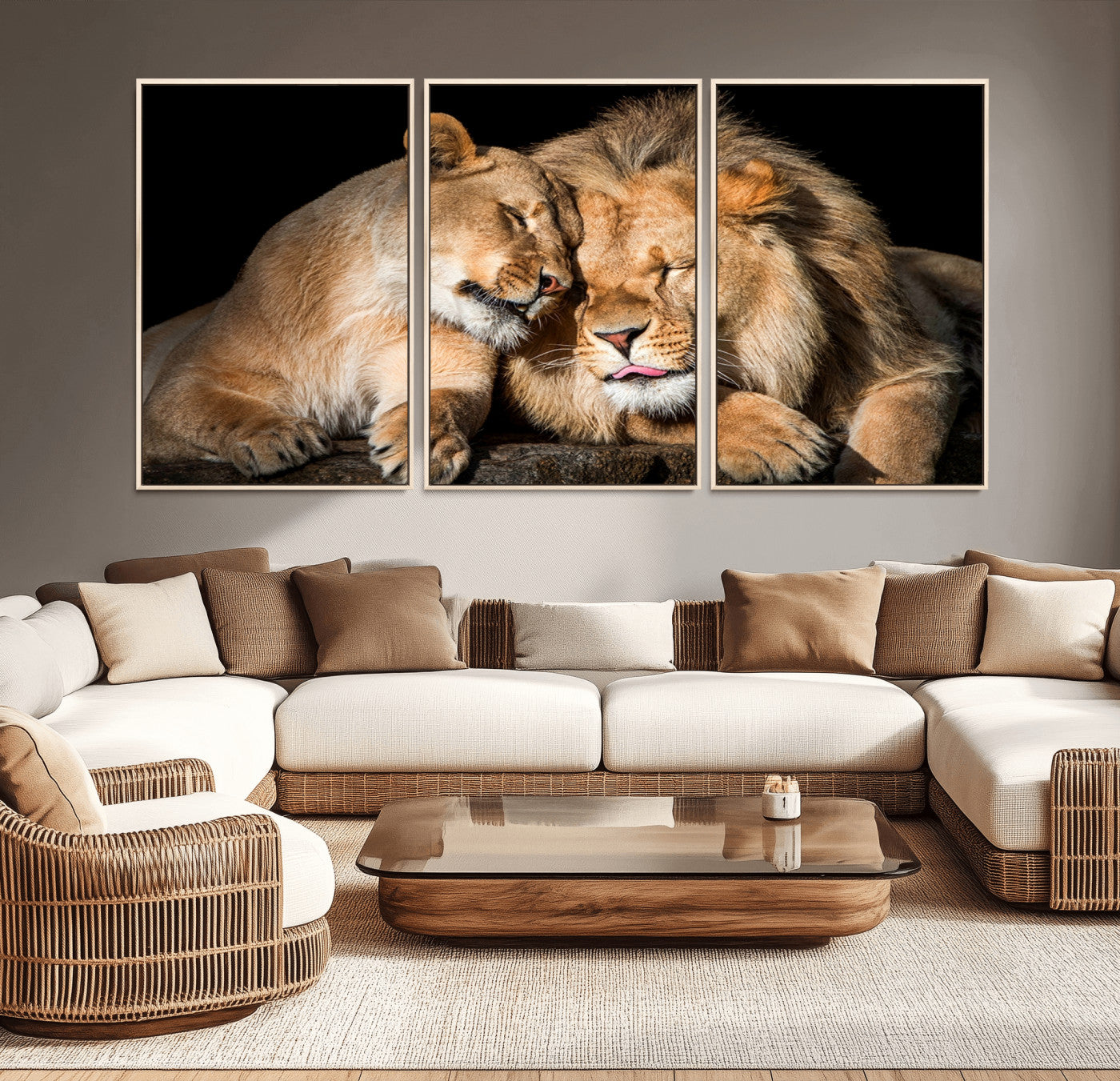MGV-FC-60X30-3P - Lion and Lioness Wall Art Print Canvas | 3-Panel African Wildlife Canvas Print | Animal-Themed Art