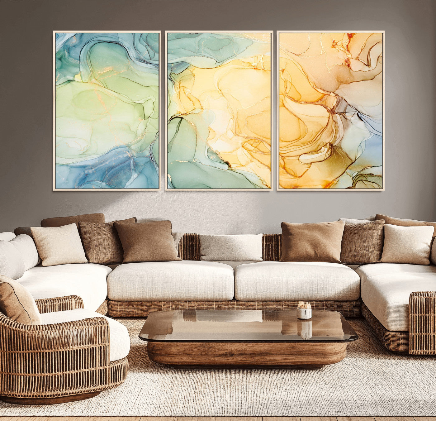 -Green and Yellow Marble Fluid Effect Wall Art, Green and Yellow Marble Canvas Wall Art Print