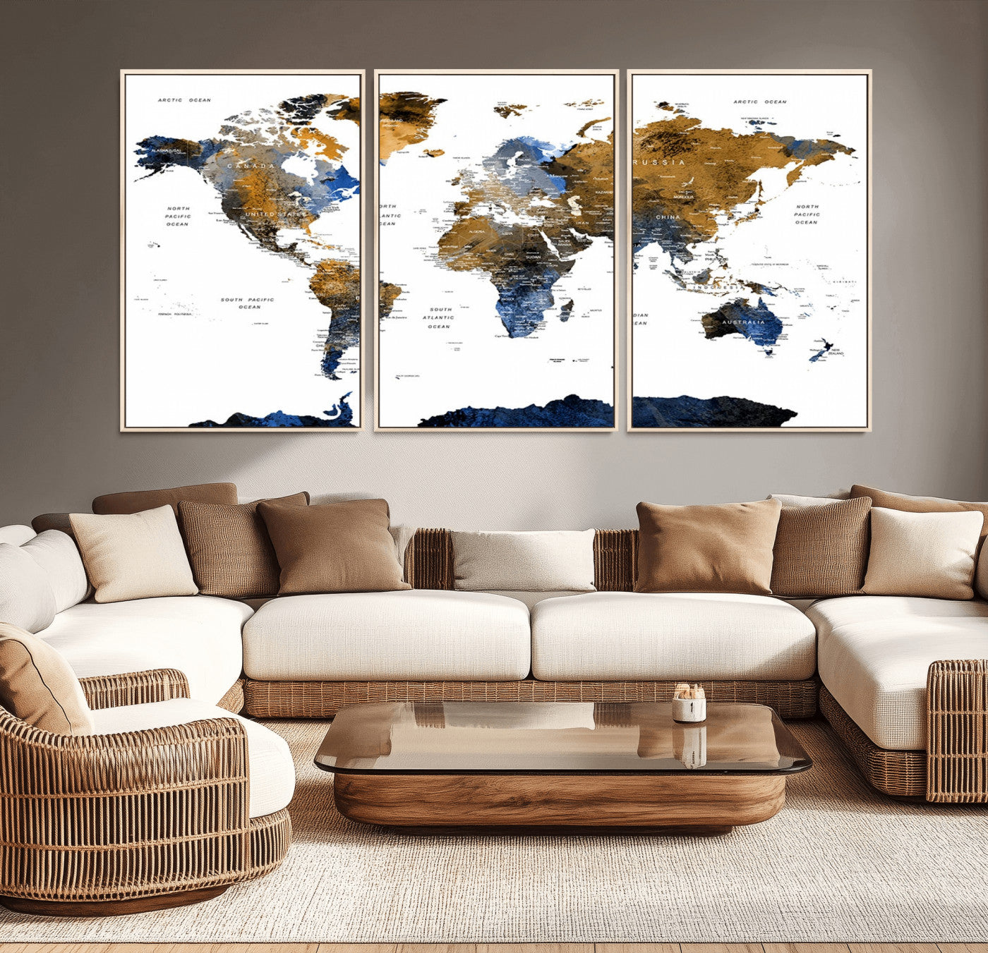 32677-MGV-CV-36X24-Modern Abstract World Map Canvas Wall Art – Framed Blue and Gold Map Print, Elegant Contemporary Travel Decor for Home and Office Walls