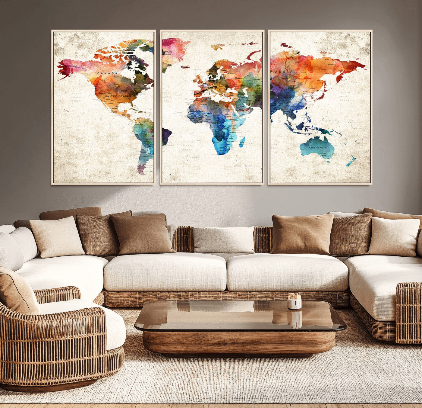 66549-MGV-CV-36X24-Colorful Watercolor World Map Canvas Wall Art – Framed Push Pin Travel Map for Home and Office Decor, Artistic Modern Wall Artwork