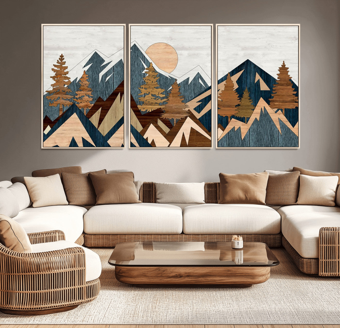 91467-MGV-FC-60X30-3P_Natural-Abstract Wood Panel Effect Mountain Range Top Wall Art Canvas Print