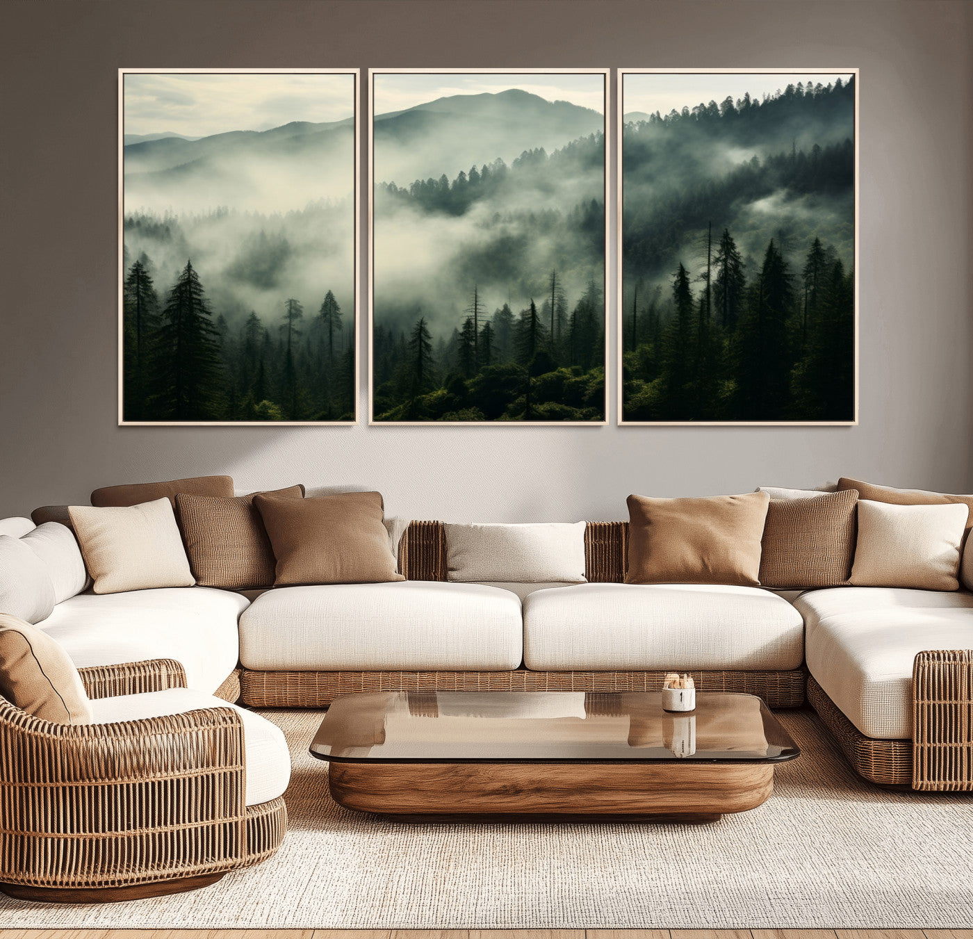 25295-MGV-FC-60X30-3P_Natural-Captivating Misty Forest Wall Art Premium Canvas Print a Foggy and Serene Atmosphere
