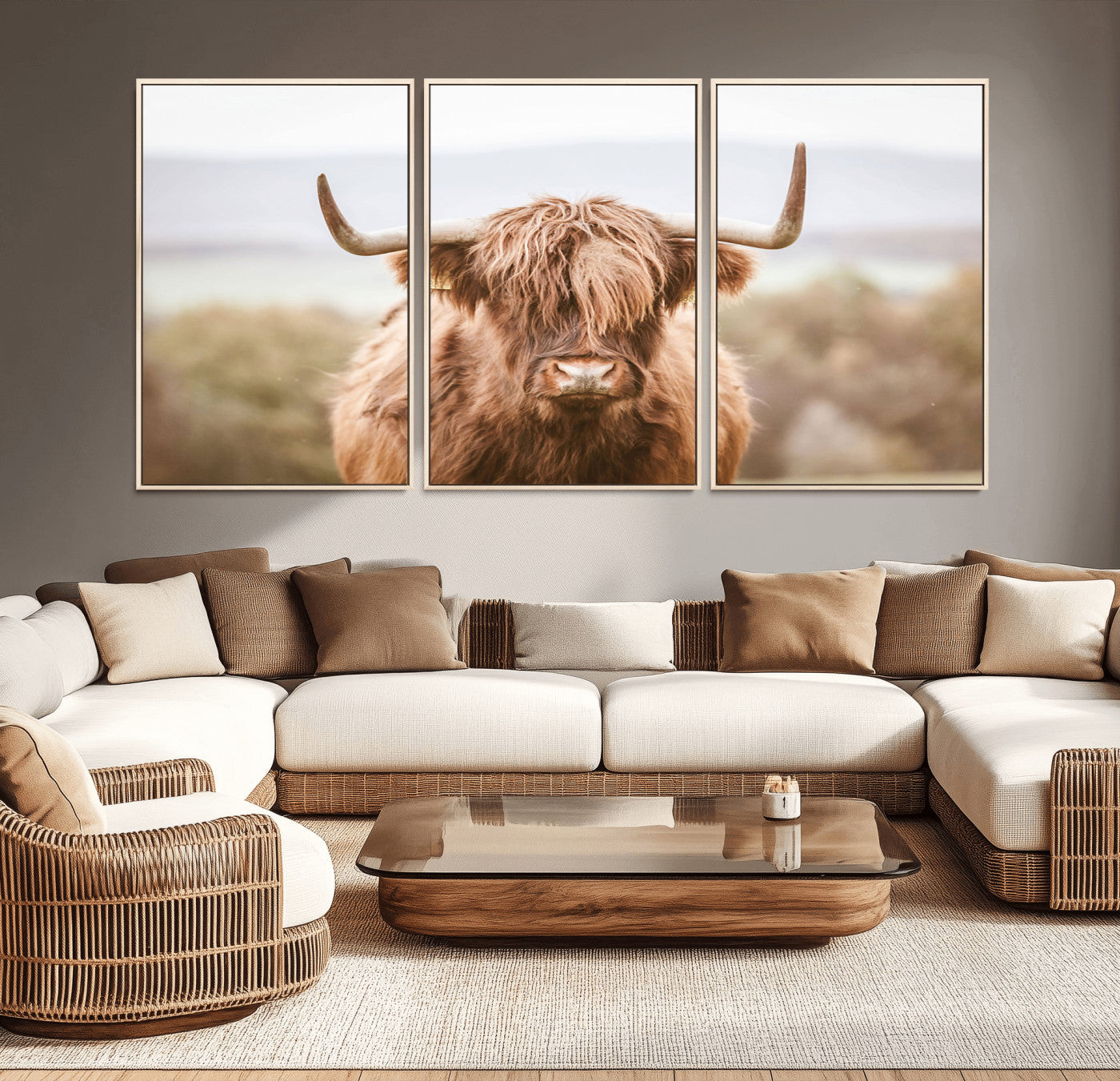 MGV-FC-60X30-3P - Scottish Serene Highland Cow Canvas Wall Art – Serene Highland Cow in Natural Pastel Tones – Ready