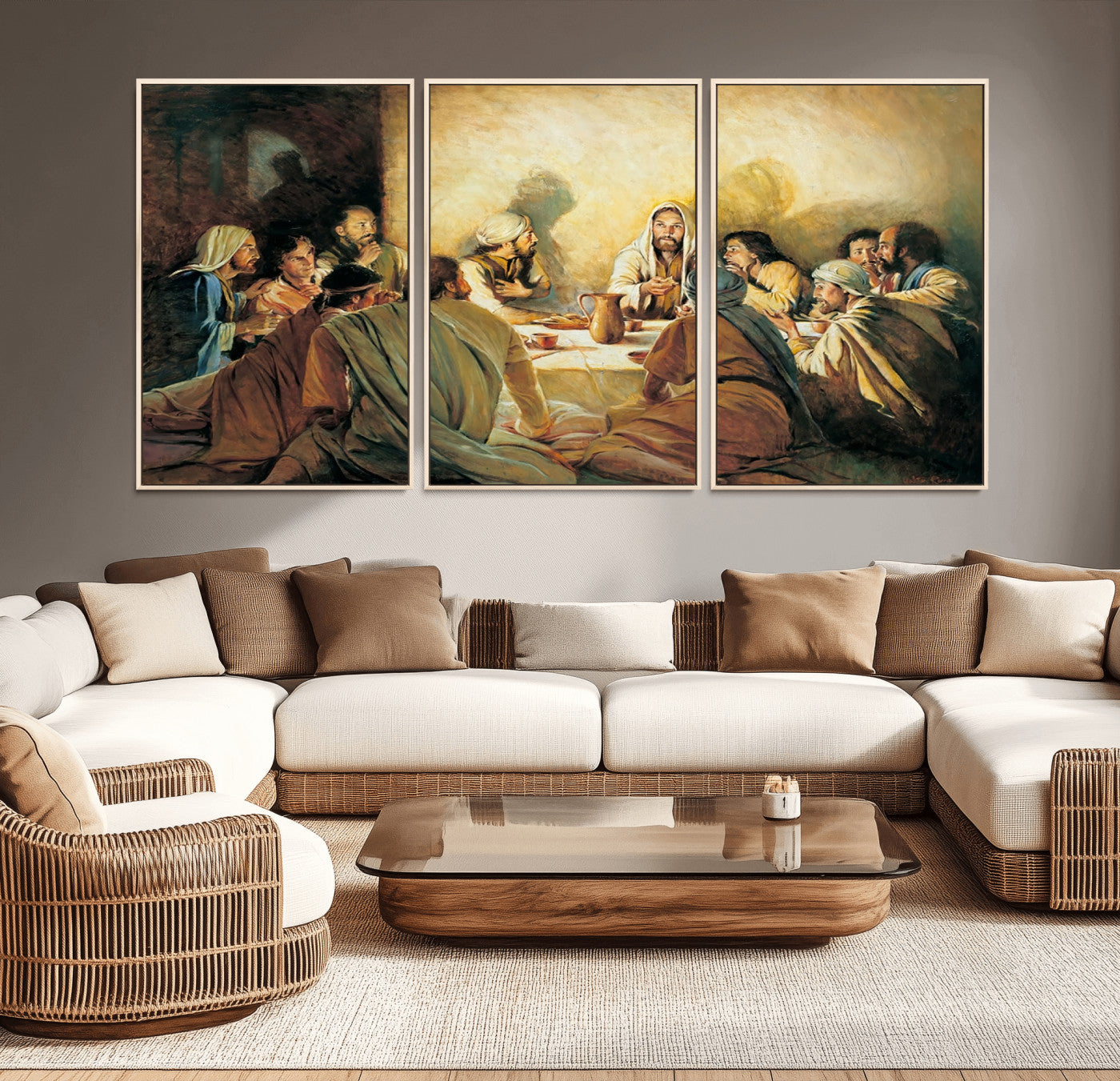Framed canvas print of the Last Supper, depicting Jesus and his disciples, perfect for religious or Christian-themed home decor.