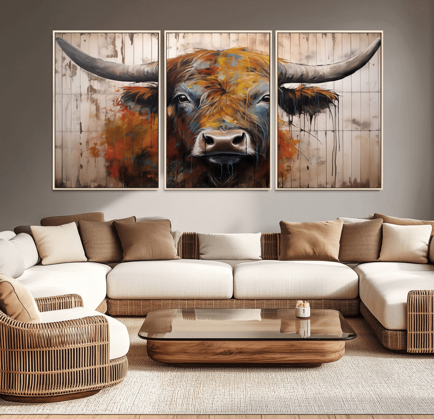 MGV-FC-60X30-3P - Abstract Bull Highland Cow Canvas Wall Art Print – Vibrant Rustic Charm in Modern Farmhouse Decor –