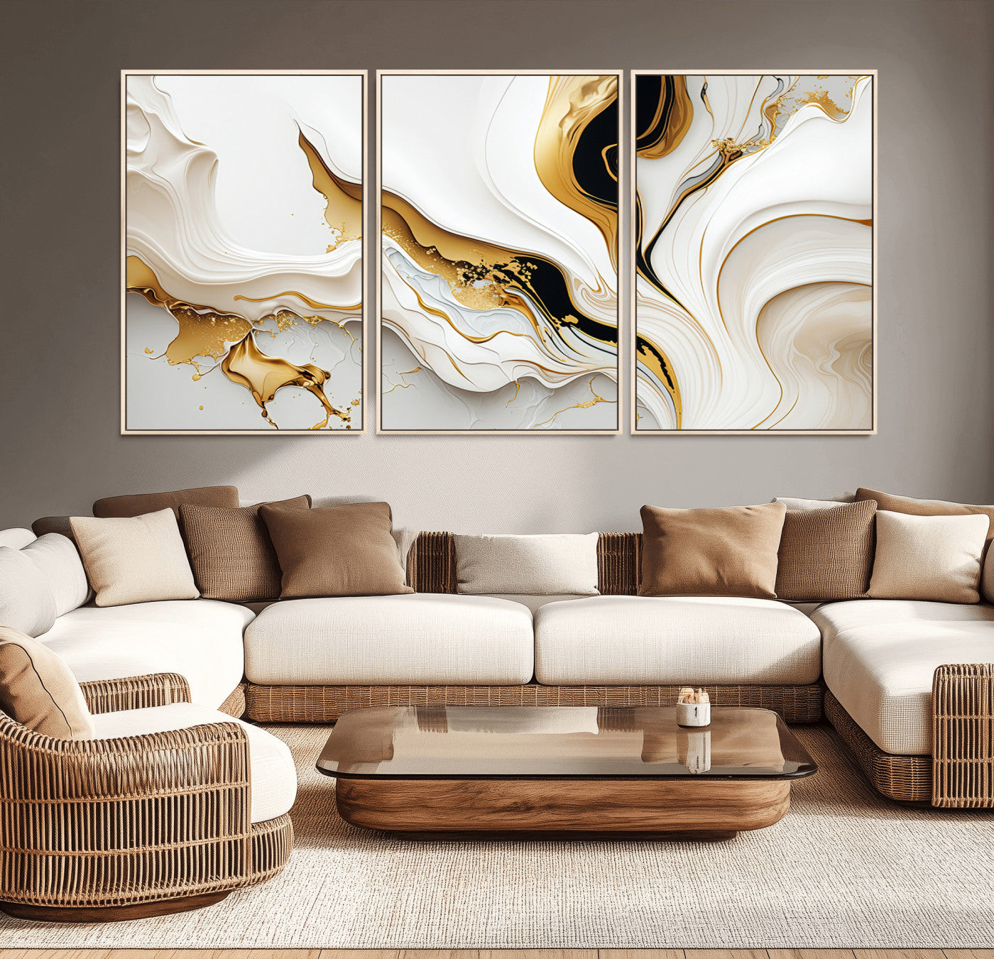 98637-MGV-FC-60X30-3P_Natural-Gold Waves on Pure White Canvas – Gold Abstract Art for Modern Interiors | Wall Art Canvas, Framed &