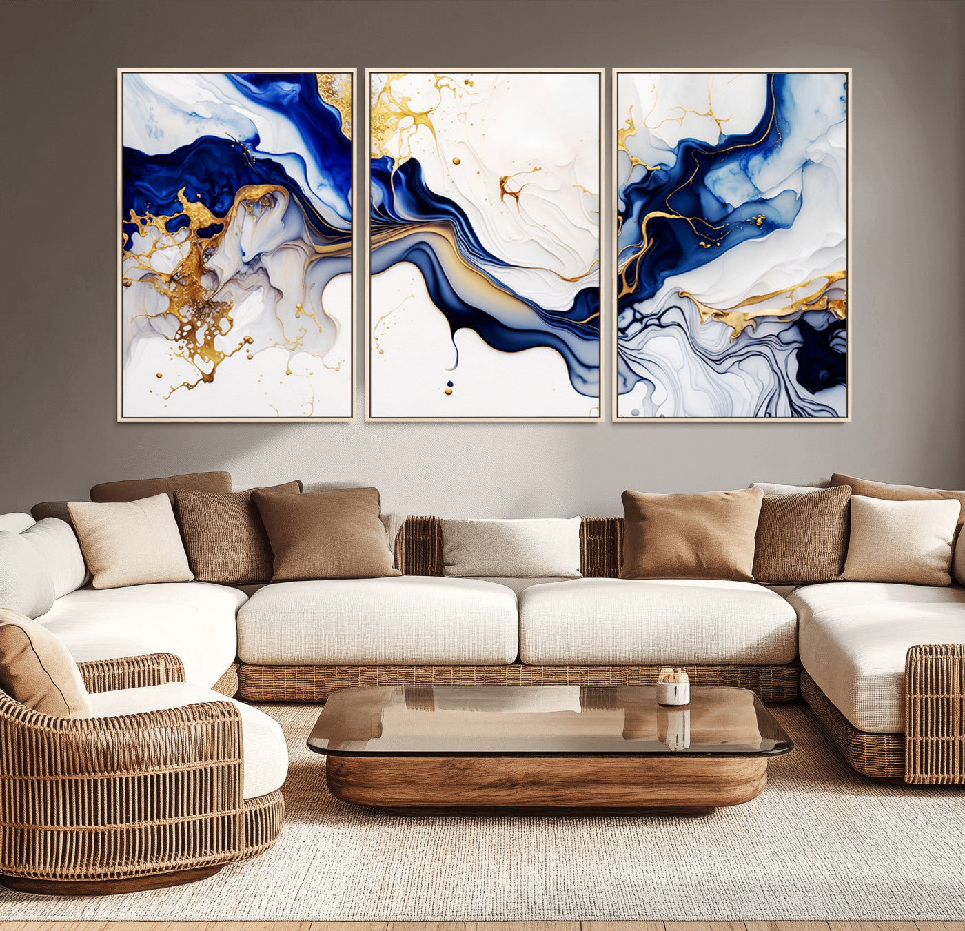 MGV-FC-60X30-3P - Golden Cascades on Midnight Blue – Deep Blue Abstract Wall Art Flowing Elegance | Wall Art Canvas,
