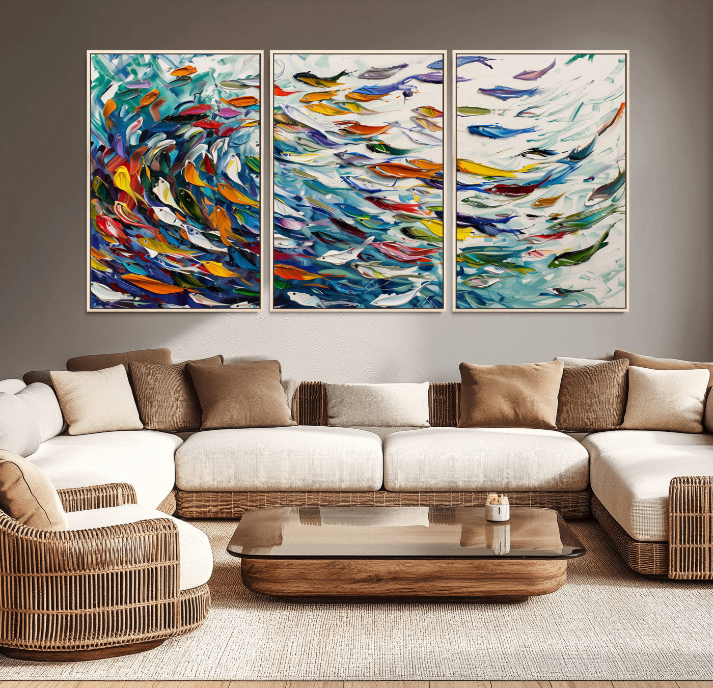 MGV-FC-60X30-3P - Modern Abstract Fish Shoal Wall Art Canvas Print, Colorful Fish Herd Painting on Canvas Print, Ocean