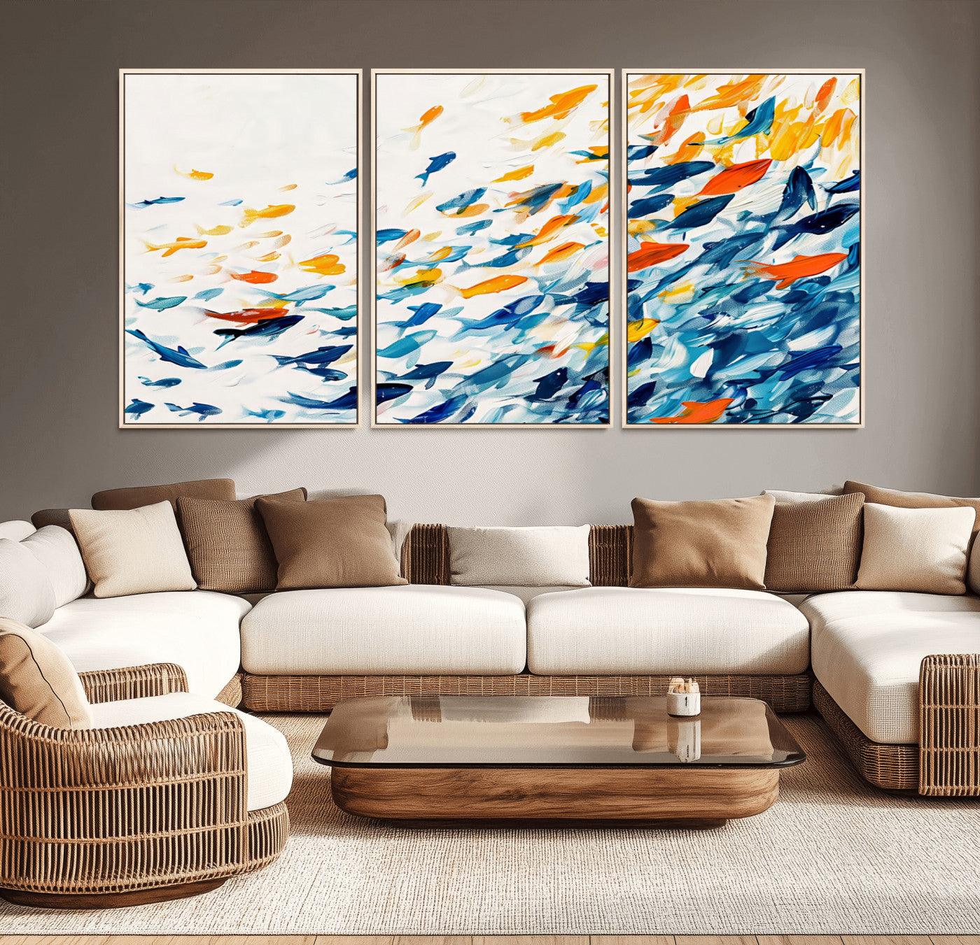 MGV-FC-60X30-3P - Abstract Fish Shoal Wall Art Canvas Print, Colorful Fish Herd Painting on Canvas Print, Ocean Animal