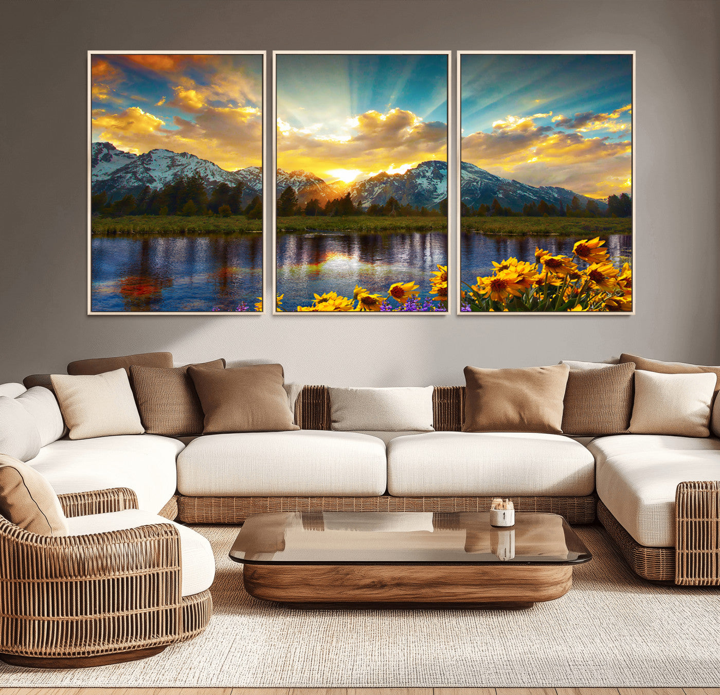 MGV-FC-60X30-3P - Grand Teton Park Amazing Mountain Landscape Sunset Wall Art Canvas Print
