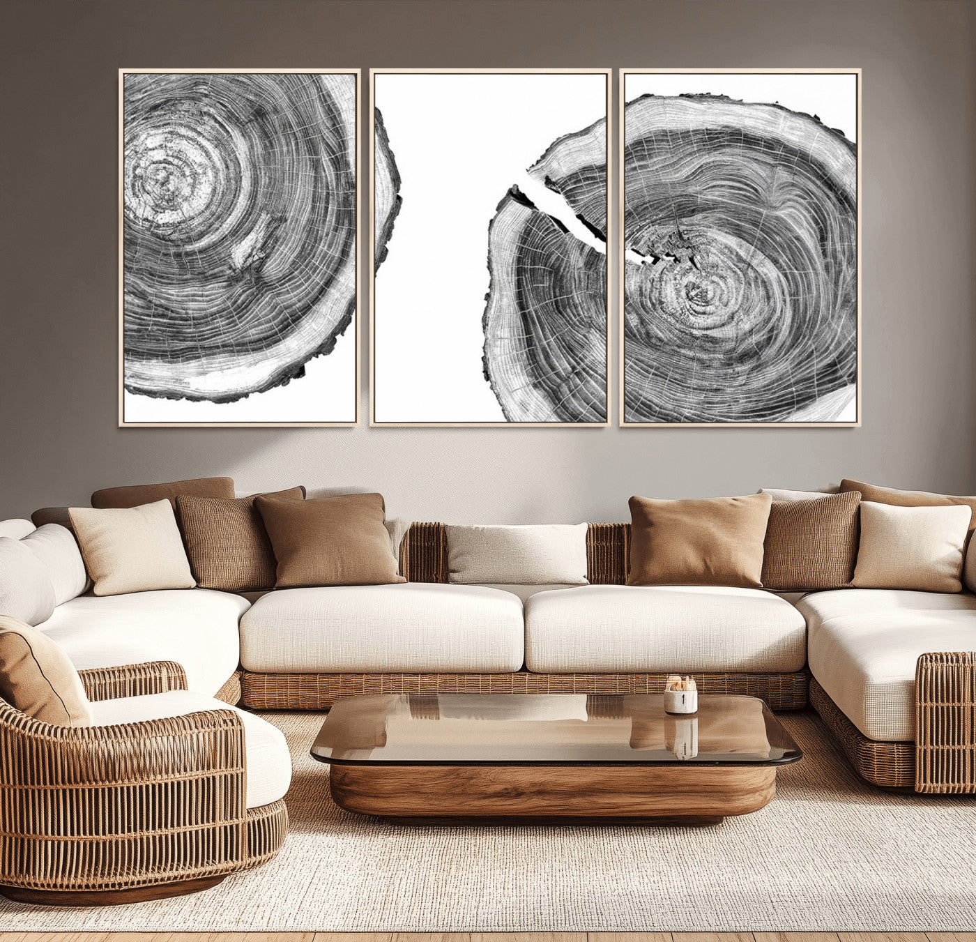 MGV-FC-60X30-3P - Modern Black and White Tree Rings Canvas Wall Art – Nature Inspired Wood Slice Print – Minimalist