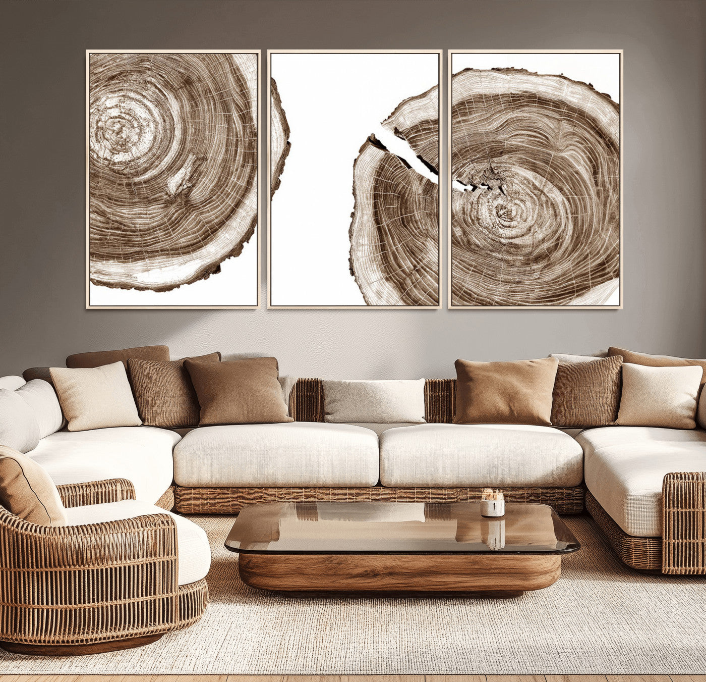 43743-MGV-CV-36X24-Wood Tree Ring Wall Art Canvas Prints, Tree Rings – Minimalist Black and White Wood Art | Triptych