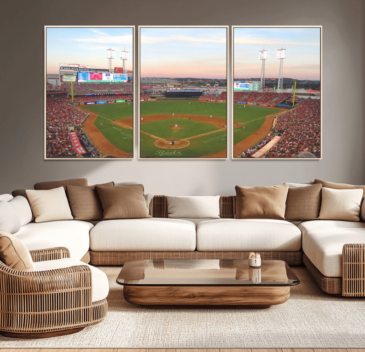 20257-MGV-CV-36X24-Cincinnati Reds Baseball Print Canvas- Cincinnati Great American Ball Park Stadium Wall Art Canvas
