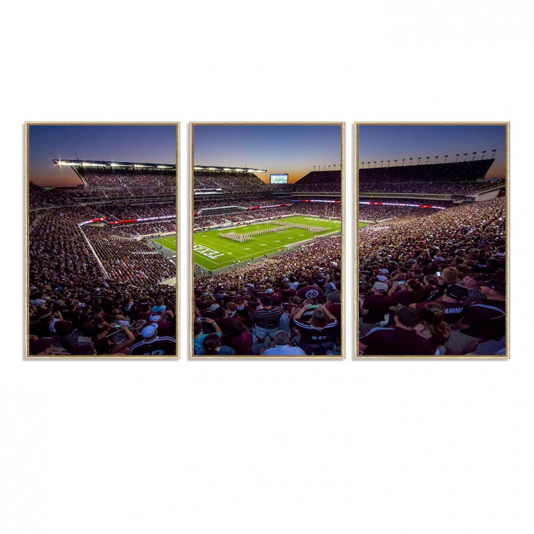 A vibrant canvas print of Texas A&M Aggies at College Stations Kyle Field Stadium captures the energy of fans cheering as the band marches at sunset.