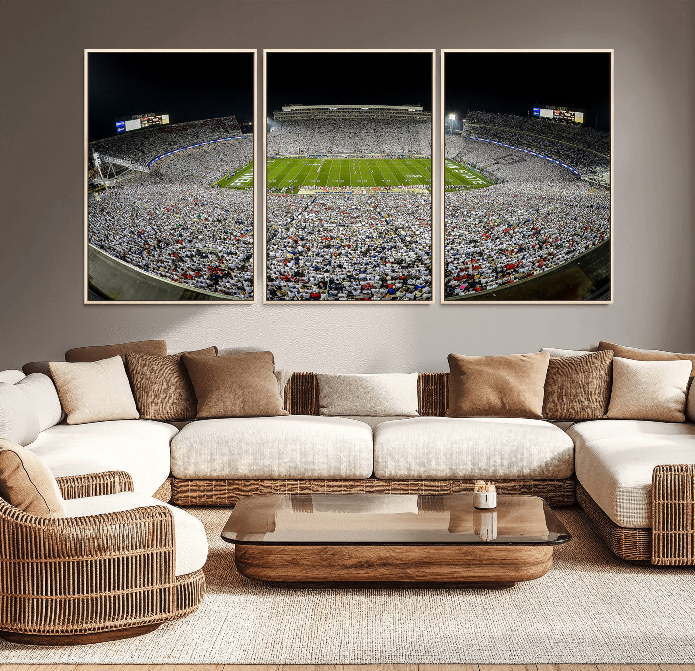 MGV-FC-60X30-3P - Beaver Stadium Night Game Triple Canvas Wall Art - Penn State Nittany Lions Football Match